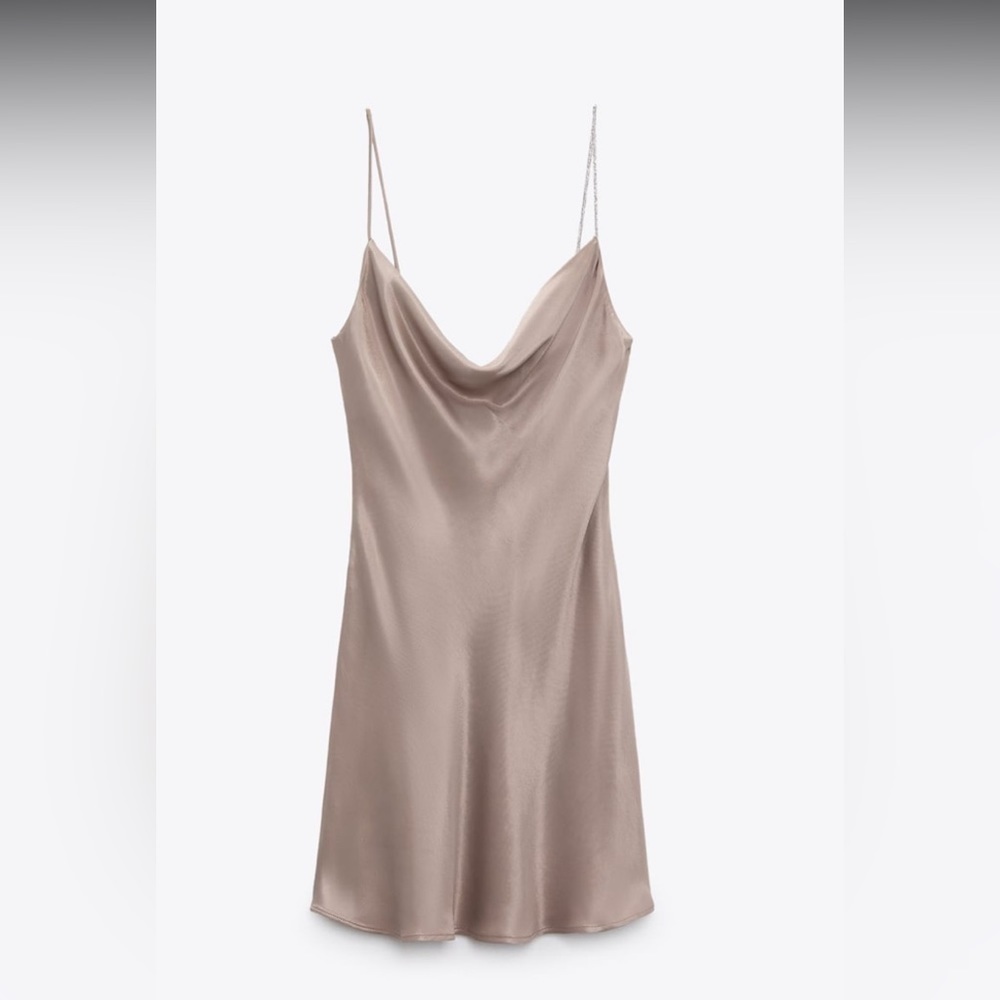 NEW ZARA Silky Satin Taupe Cowl Neck Mini Slip Dress Rhinestone Strap Fit&Flare